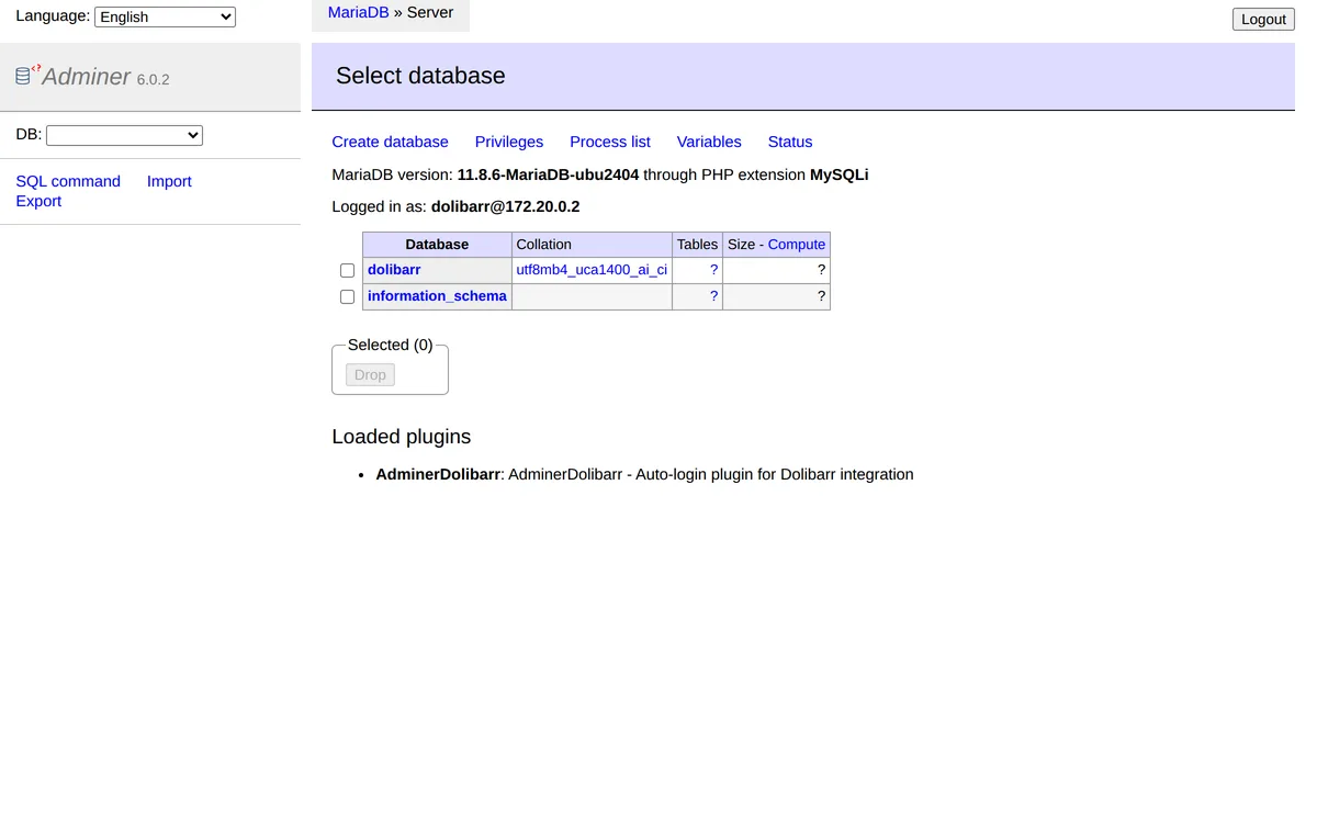 Capture d’écran de Adminer4Dolibarr dans Dolibarr