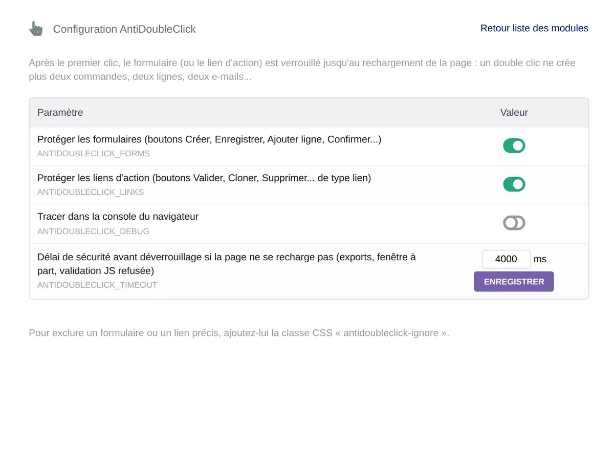 Capture d’écran de AntiDoubleClick dans Dolibarr