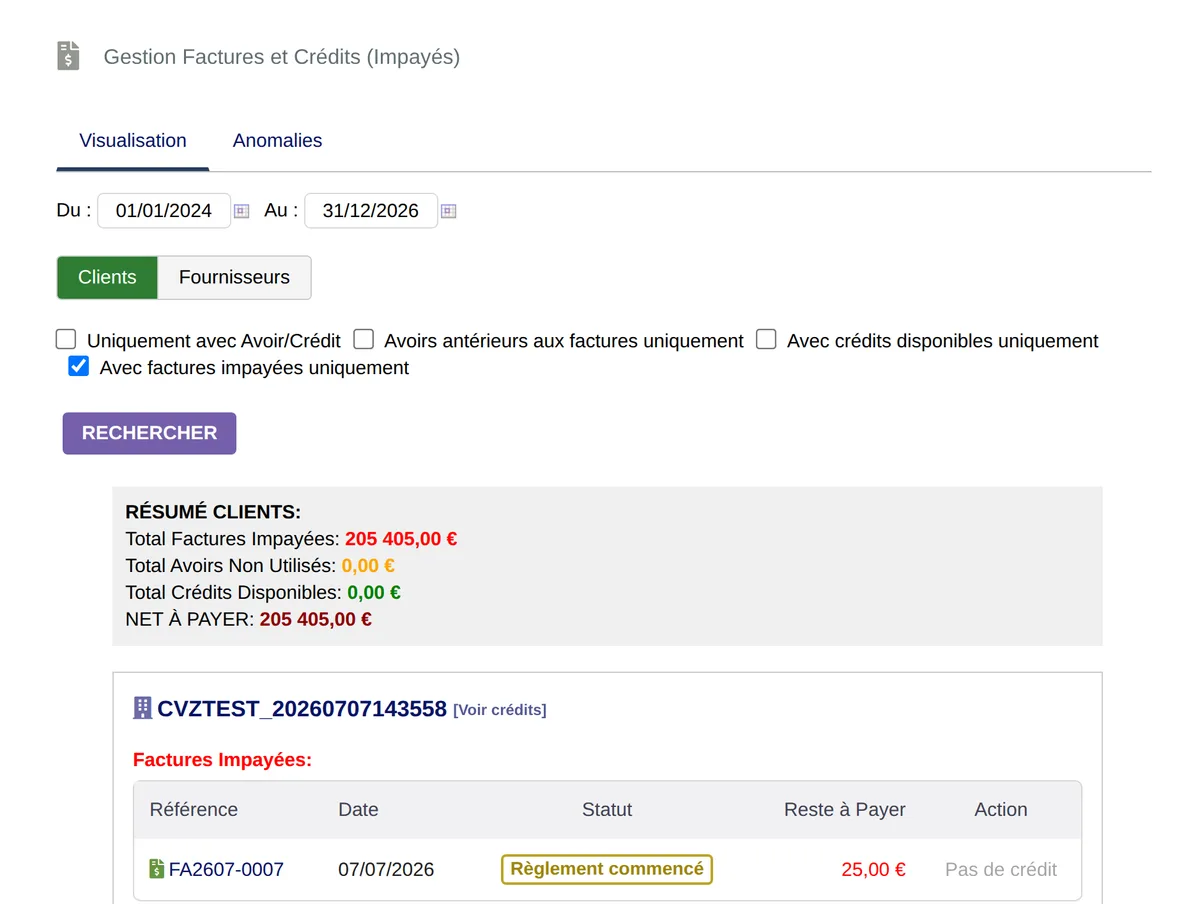 Capture d’écran de CreditManager dans Dolibarr