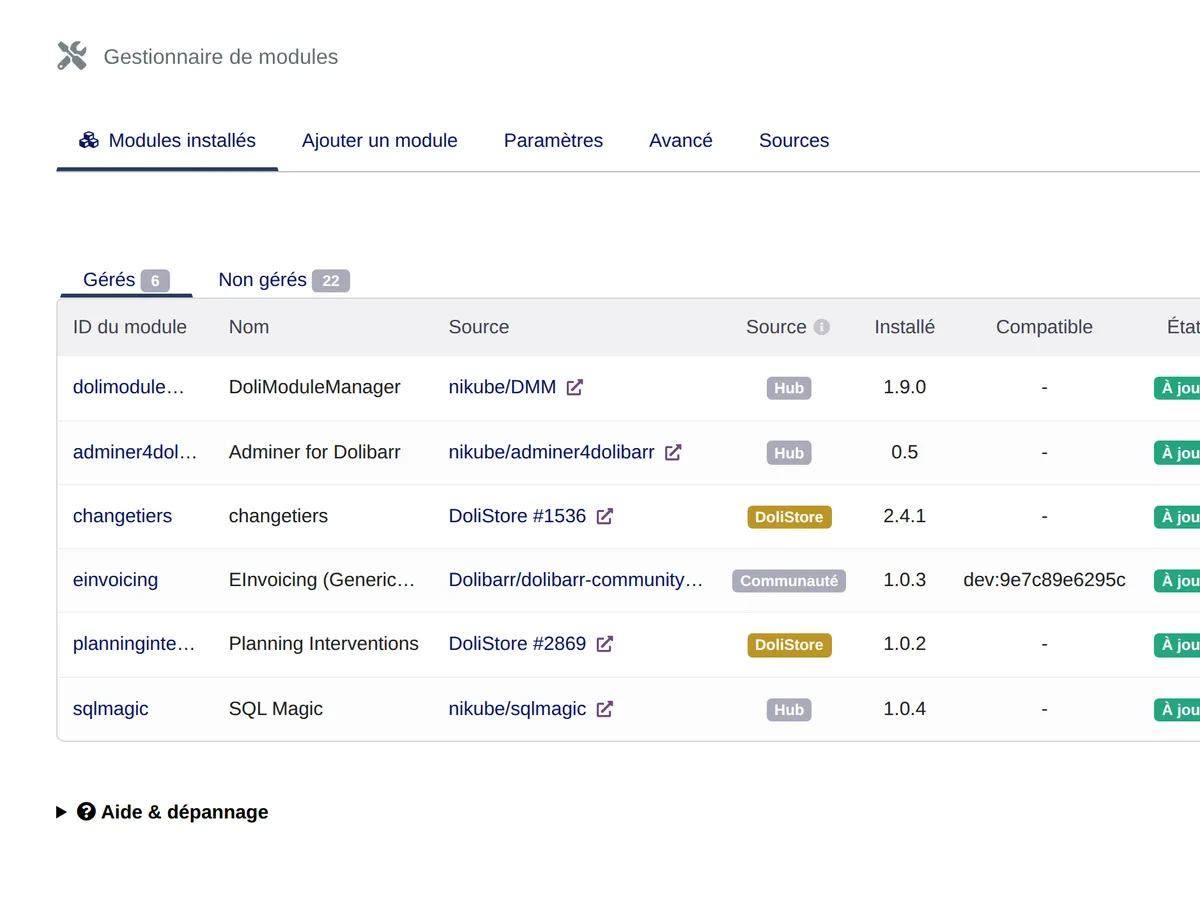Capture d’écran de DoliModuleManager dans Dolibarr