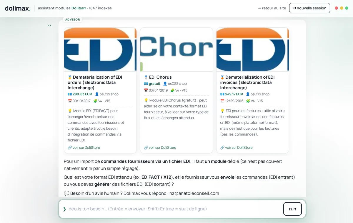 DoliStore Advisor : fiches de modules proposées en réponse à une question