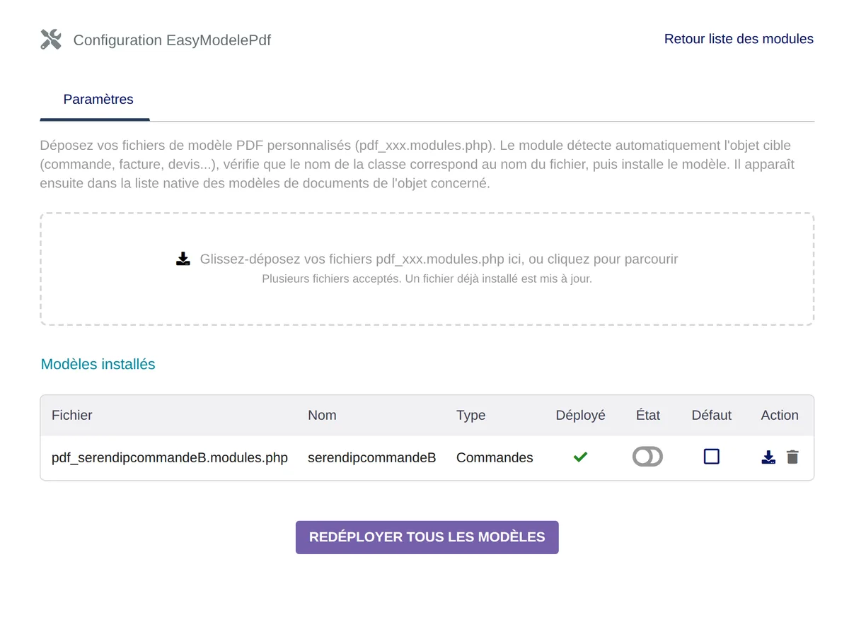 Capture d’écran de EasyModelePdf dans Dolibarr