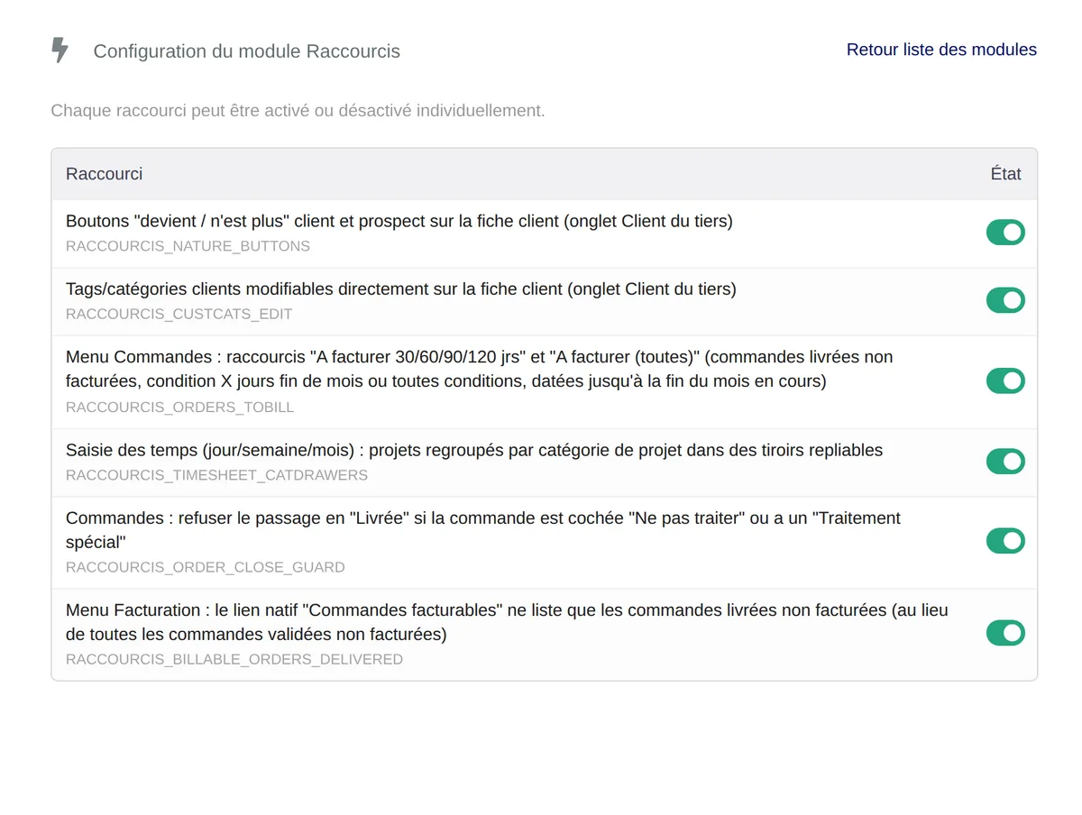 Capture d’écran de Raccourcis dans Dolibarr